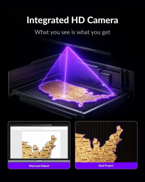WECREAT Vision Pro 45W laser engraver/cutter with rotary and HD camera, full enclosure; engraving a wooden USA map.