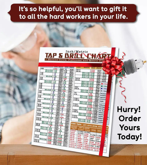 Dead Nuts Accurate Magnetic Tap And Drill Metric Conversion Chart 8.5 X 11 Inches displayed with a gift bow on a workbench.