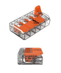Skip The Tape Hassle With Five Conductor Lever Wire Connectors Clear Housing Quick Snap Levers No Twist 20 To 10 AWG Reusable Electrical Splicing Caps Bulk Bag Of Five Hundred Pieces, showing clear casing and orange levers.