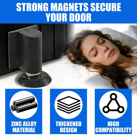 Invisible Magnetic Door Stop With Installation Kit No Drill Door Wedge Stopper in zinc alloy next to person sleeping peacefully