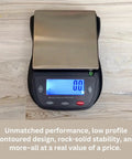 Pro Grade Jewelry Scale 1000G X 0.1G Readout, Portable Countertop Digital Scale With Crystal Clear LCD, Compact Black Edition on wood tabletop