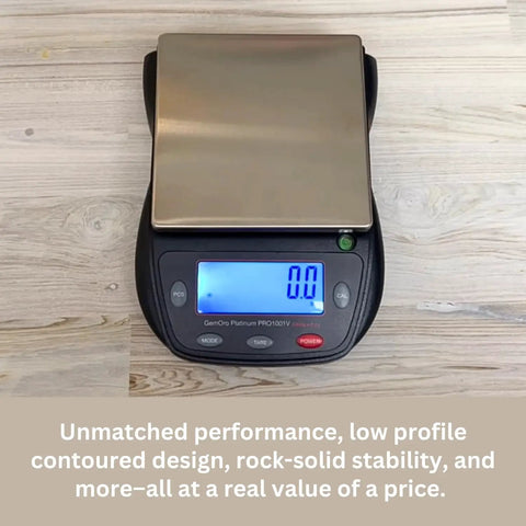 Pro Grade Jewelry Scale 1000G X 0.1G Readout, Portable Countertop Digital Scale With Crystal Clear LCD, Compact Black Edition on wood tabletop