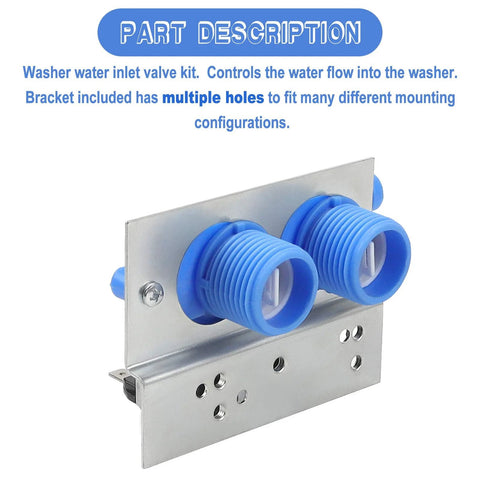 Washer water inlet valve kit with two blue plastic fittings mounted on a metal bracket.