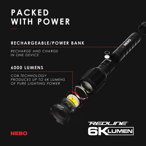 Redline 6K Rechargeable Flashlight Hella Bright 6000 Lumens With Four Modes Durable Metal Body And Waterproof Design Tactical Light For Camping Hunting And EDC Includes USB Charging Cable