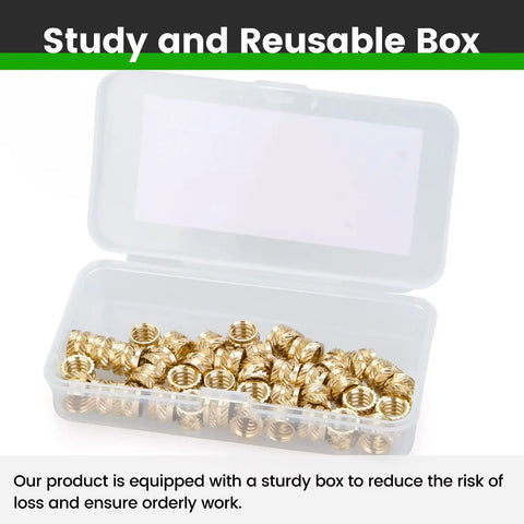 Open box containing 40 Pcs 1/4-20 Brass Heat Set Threaded Inserts For 3D Printing And Plastic Parts Knurled Imperial Inserts