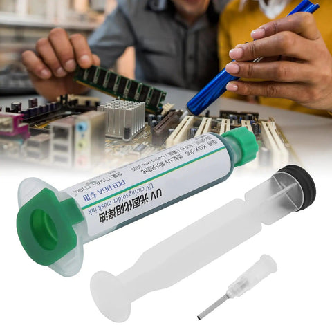 Liquid Solder Paste For Electronics, Solder Mask Ink Flux Paste With UV Light Curing For PCB Soldering And BGA Repair kit shown