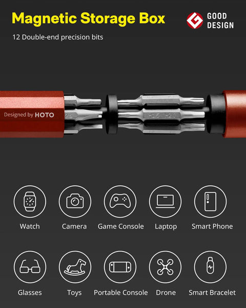 Slick 24-In-1 Mini Screwdriver Set with Eyeglass Repair Kit and Precision Bits for Tiny Screws showing 12 double-ended precision bits in magnetic storage.