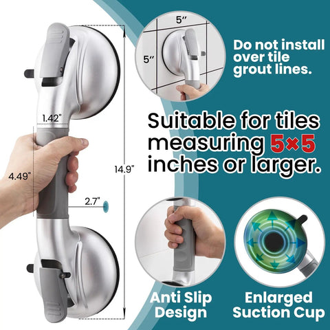 Rock Solid Shower Grab Bars With Grippy Suction Handles No Drill Bathroom Safety Rails Hold Up To 330 Lbs Upgraded Senior Assist Silver Two Pack Easy Install, showing suction cup and handle dimensions.