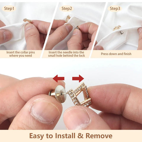 Steps showing how to use the 70 Pack Locking Pin Backs Metal Seals For Badges Brooches And Enamel Pins with close-up instructions.