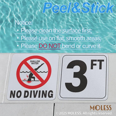 3Ft Pool Depth Marker Stickers 6x6 Inch Anti Slip Vinyl Signs For Pool Safety Adhesive Depth Markers For Decks Durable Waterproof Labels 1 Pack Skid Resistant Surface For Wet Pool Decks on smooth surface next to a no diving sign with pool in background