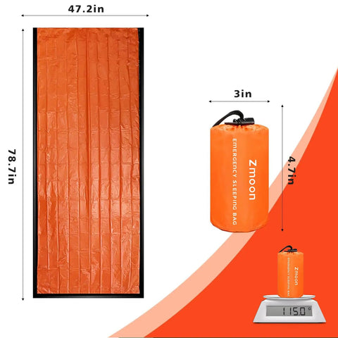 Emergency Mylar Sleeping Bag Set For Camping Waterproof Thermal Bivy Sacks size 78x47 inches, packaged compact on scale.