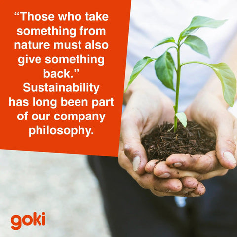 Person holding a small plant with soil, accompanied by a quote about sustainability and company philosophy.
