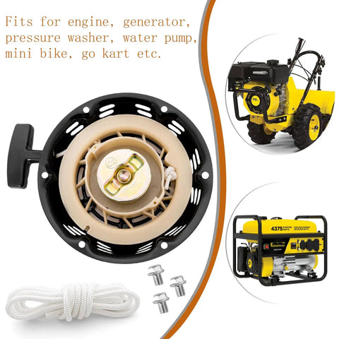 Recoil Starter for 196cc 212cc 224cc engines with pull cord rope, nuts included, fits generators, pressure washers, mini bikes, go karts.