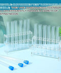 Two Pack Acrylic Test Tube Rack Holder With Six Wells For 10ml Tubes Clear Vial Organizer For Laboratory Display Water Testing Bar Aquarium And Makeup Pens Storage on light blue surface with tubes and leaves.