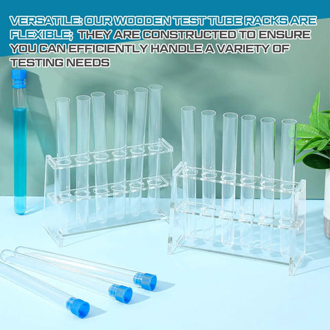 Two Pack Acrylic Test Tube Rack Holder With Six Wells For 10ml Tubes Clear Vial Organizer For Laboratory Display Water Testing Bar Aquarium And Makeup Pens Storage on light blue surface with tubes and leaves.