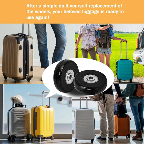 Collage showing replacement luggage wheel set, two wheels close-up, various suitcases with installed wheels, outdoor travel scene.