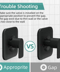 Front view of two matte black shower faucet trim handles with square backplates mounted on a tiled wall