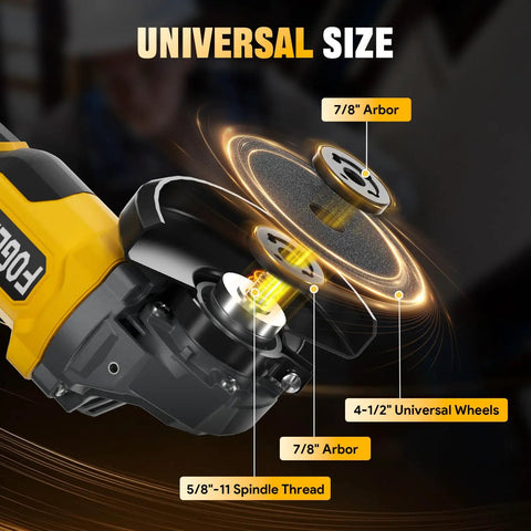 Heavy Duty Cordless Angle Grinder Four And Half Inch with 7/8" arbor and 4-1/2" universal wheels for tough metal jobs.