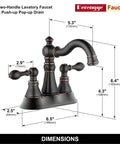 Oil Rubbed Bronze Two Handle Bathroom Sink Faucet for 3-Hole 4-Inch Center Set with Pop-Up Drain, dimensions shown