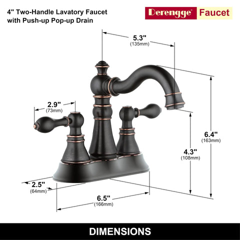 Oil Rubbed Bronze Two Handle Bathroom Sink Faucet for 3-Hole 4-Inch Center Set with Pop-Up Drain, dimensions shown