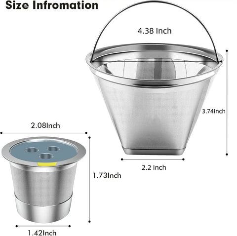 Stainless Steel Reusable Coffee Filter For Ninja And Most Coffee Makers Includes Four Cone Filters And Reusable K Cup Pods 304 size specifications