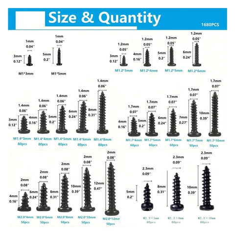 Heavy Duty 1680 Pcs Black Micro Self Tapping Screw Kit With 304 Stainless Steel Cross Round Heads In M1 Through M2.3 Sizes size and quantity chart