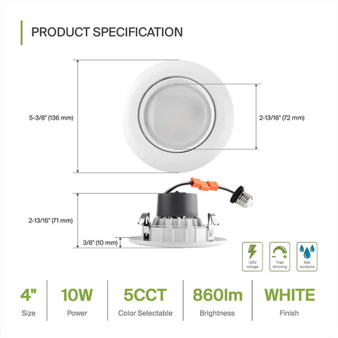 Diagram of 4 Inch Gimbal LED Recessed Light Kit White Trim 10W 860LM Adjustable CCT with dimensions and features.