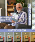 Man using 10X Rectangular Glass Magnifier Lamp With Light And Stand Three In One LED Reading Magnifier for reading, various color modes displayed.