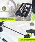 Foldable Bike Repair Stand Portable Bicycle Stand for Road and Mountain Bikes Up to 132 Lbs With Adjustable Height and Tightening Clamp Easy Setup for Home Garage Travel and DIY Maintenance showing magnetic tool tray and anti-rolling handlebar rod
