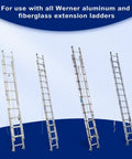 4 Werner aluminum extension ladders compatible with 29-1 Extension Ladder Lock Flipper Kit displayed against blue backdrop