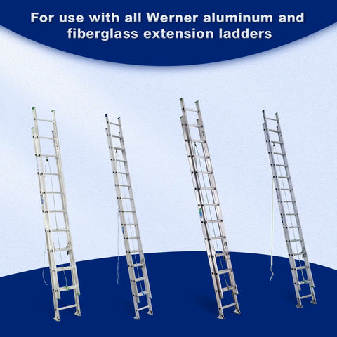 4 Werner aluminum extension ladders compatible with 29-1 Extension Ladder Lock Flipper Kit displayed against blue backdrop