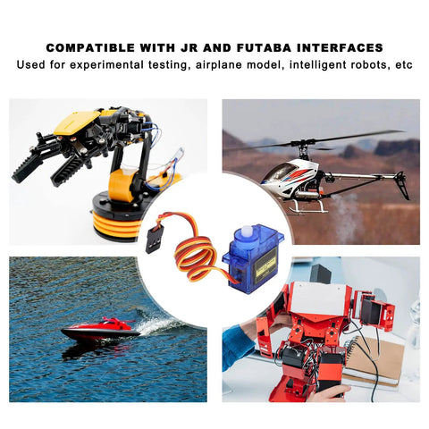 Ten Pack Micro Servo Motors Built From Abs Plastic Kickin Torque Smooth Operation For Rc Airplane Models Diy Hobby shown with robot arm, helicopter, boat.