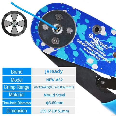 St2119 As2 Eight Indent Crimping Tool Kit For Aviation Aerospace Miniature Electrical Connectors With 37 Positioner Go No Go Gauge G125 High Quality M22520 Series Crimper Compact And Lightweight Design Professional Grade, showing colorful handle and details.
