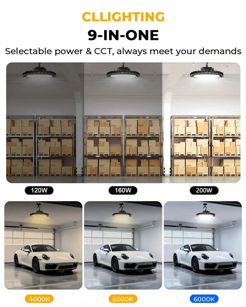 UFO LED High Bay Light 200W 6 Pack Dimmable 0 To 10V ETL Listed 32,000 Lumens 160 Lumens Per Watt Efficiency lighting warehouse
