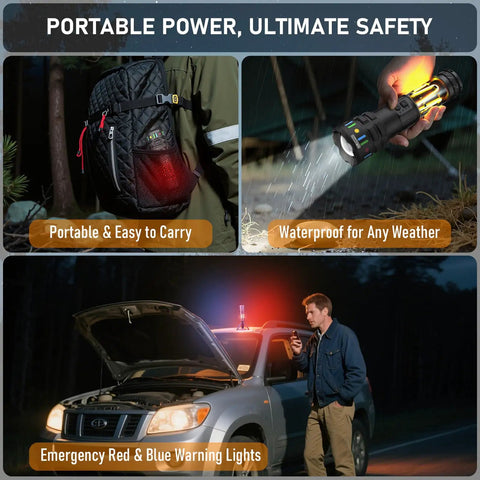 Uber Bright Rechargeable LED Flashlight Lantern for camping in rain, attached to a backpack, emergency vehicle use, 10000 lumens