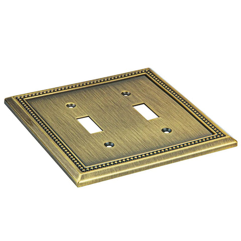 Sunken Pearls Beaded Wall Plate Cover, Heavy Duty Decorative Switch Plate Outlet Cover, Double Toggle, Antique Brass Finish