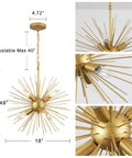 Gold Sputnik Chandelier With Six Lights, 18 Inch Starburst Design, Solid Metal Pendant, Farmhouse Style, Dimensions Shown