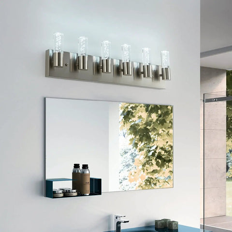 6 Light Vanity Light Fixture For Bathroom Over Mirror With Bubble Shade, LED White Light 6000K, Modern Brushed Nickel Finish
