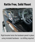 No Drill Dash Mount For 8 Gang Switch Panel installed in Can Am Maverick X3 cockpit showing secure backplate without drilling required.