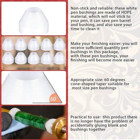 Ten Pack Nonstick Pen Bushings For CA Finishing And Pen Turning, Plastic Insulating Bushings, 0.23 Inch Top Diameter, 6 Mm, 0.55 Inch Bottom Diameter, 14 Mm, 11 mm Length, 60 Degree Cone, White