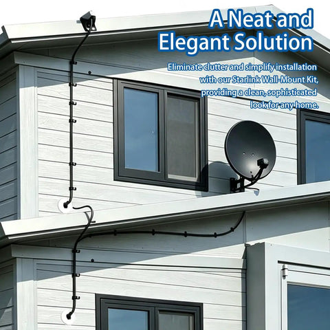 Rock The Perfect Starlink Wall Setup With This Super Sleek Routing Kit For Gen2 And Gen3 Dishes Plus Mini Ethernet Models, Includes 34 Inch Drill Bit White Steel Seal Clips Ties To Keep Cables Neat And Mess-Free Easy Install. exterior wall cable routing kit on house siding with mounted Starlink dish