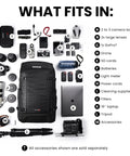 Black 35L Camera Backpack For Photographers With Rain Cover And Water Repellent Protection Carry On Approved Fits 2 To 3 Cameras Drone Tripod And 16 Inch Laptop Compartment For Travel And Hiking Black shown with accessories.