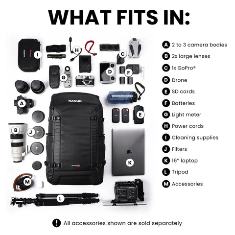Black 35L Camera Backpack For Photographers With Rain Cover And Water Repellent Protection Carry On Approved Fits 2 To 3 Cameras Drone Tripod And 16 Inch Laptop Compartment For Travel And Hiking Black shown with accessories.