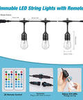 96 Foot Solar Outdoor String Lights With 30 Shatterproof Edison LEDs, Remote and Connector Details, Dimmable, Waterproof
