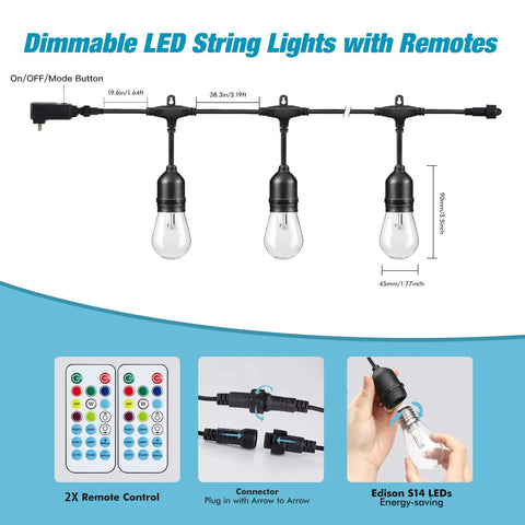 96 Foot Solar Outdoor String Lights With 30 Shatterproof Edison LEDs, Remote and Connector Details, Dimmable, Waterproof