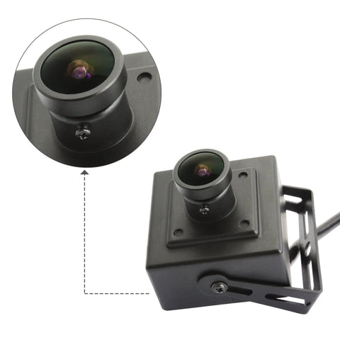 Mini Aluminum USB Security Camera with 170 Degree Wide Fisheye Lens 5MP HD, durable aluminum case, USB 2.0, close-up of lens detail