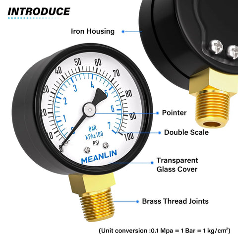 Well Pump Pressure Gauge 0 to 100 PSI, 2 Inch Dial Face, Lower Mount, Iron Housing, Transparent Glass Cover, Brass Joints
