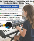 12V Replacement Charger For Recital 61 And 88 Key Digital Pianos in use, showing compatible models with adapter details