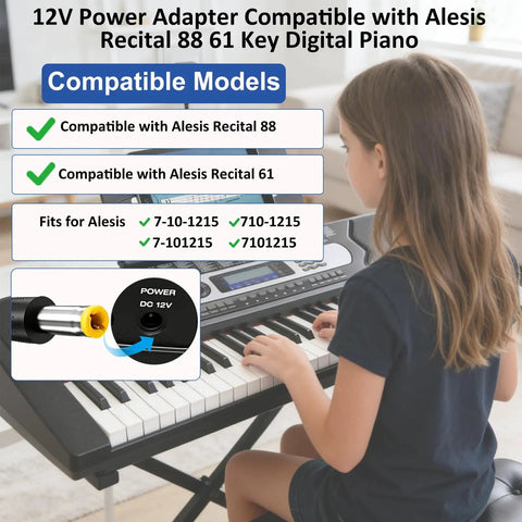 12V Replacement Charger For Recital 61 And 88 Key Digital Pianos in use, showing compatible models with adapter details
