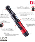 12V Cordless Brushless Ratchet Wrench Kit With Three Eighth Inch Drive, 65 Foot Pounds Torque, Li Ion Battery, LED Light